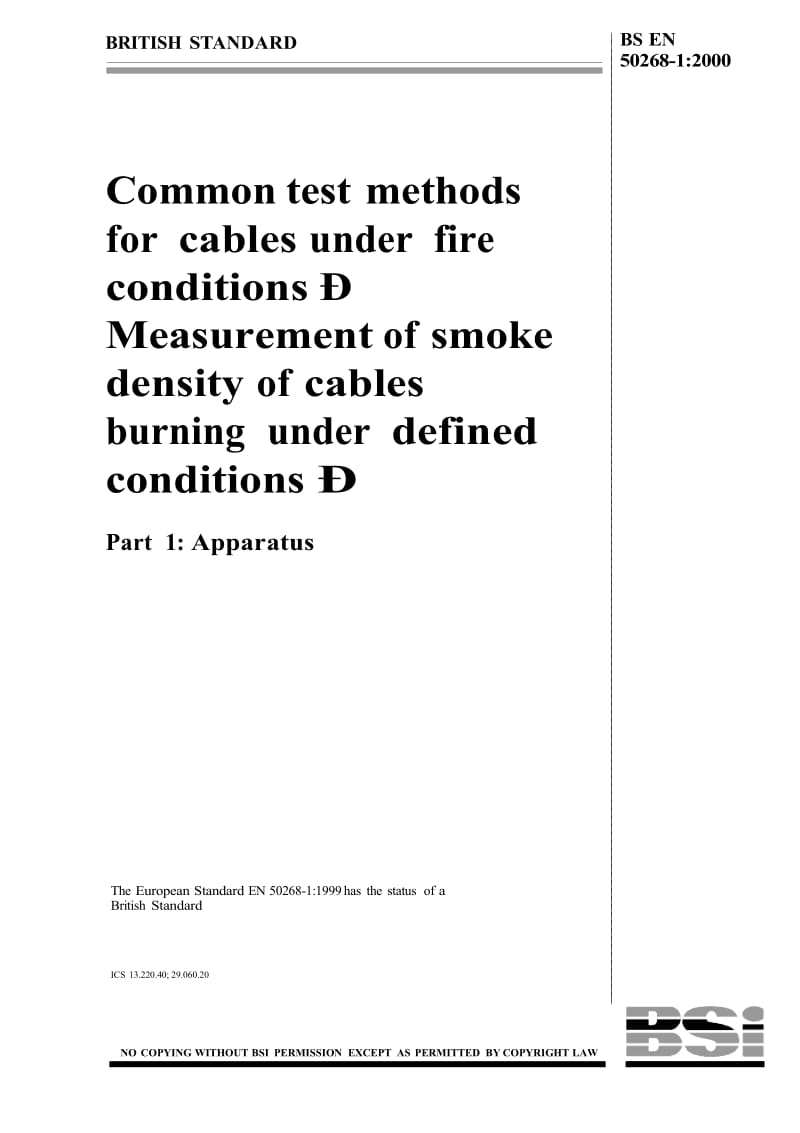 （BS英国标准）BS EN 50268-1-2000 在燃烧条件下电缆通常试验方法 在规定条件下电缆燃烧烟密度测量 仪器.doc_第1页