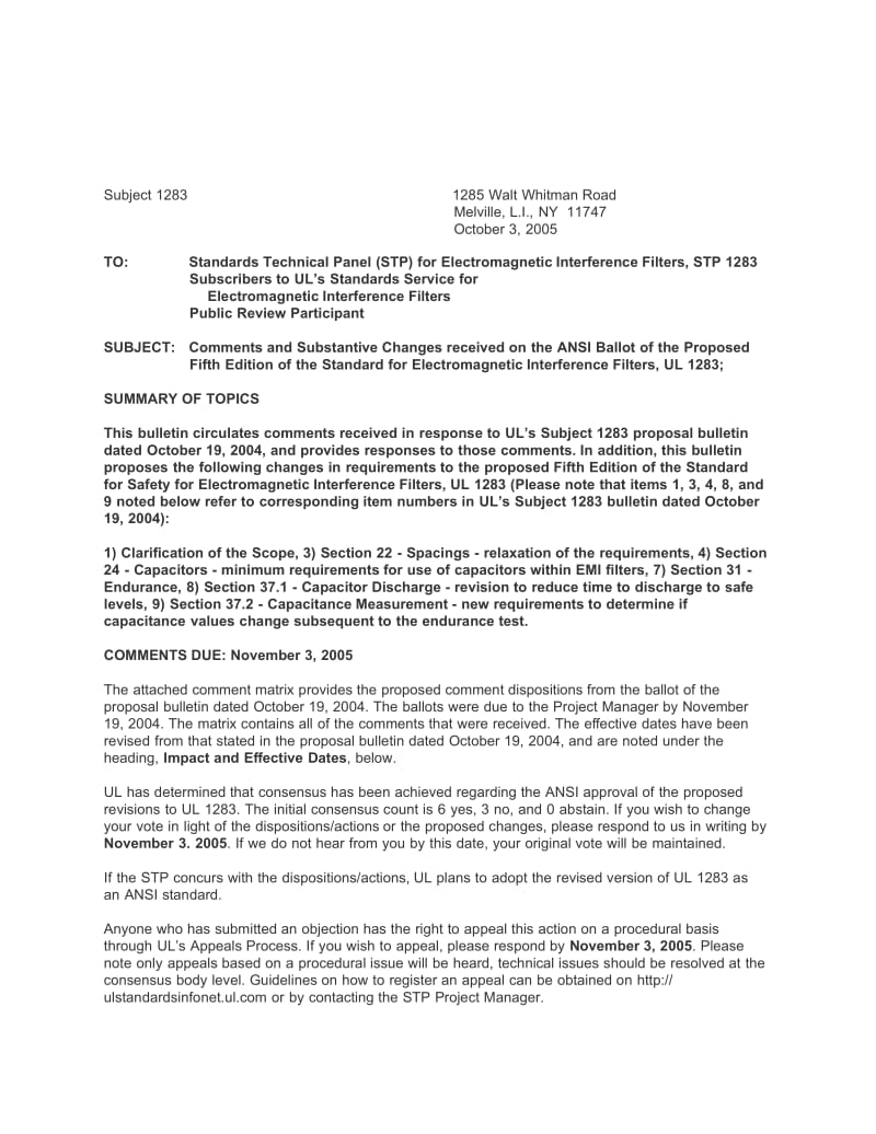 【UL标准】UL 1283 BUL LETINS-2005 Standards Technical Panel (STP) for Electromagnetic Interference Filters, STP 1283 Subscribers to UL’s Standards Service for.doc_第1页