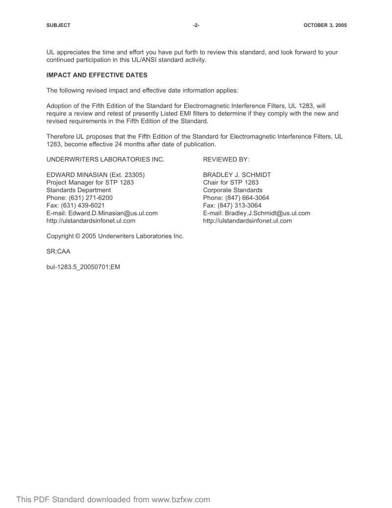 【UL标准】UL 1283 BUL LETINS-2005 Standards Technical Panel (STP) for Electromagnetic Interference Filters, STP 1283 Subscribers to UL’s Standards Service for.doc_第2页