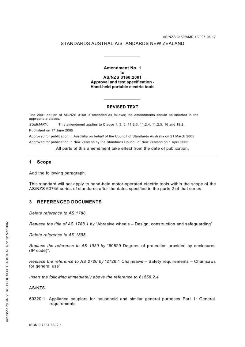 【AS澳大利亚标准】AS NZS 3160-2001 Amdt 1-2005 Approval and Test Specification-Handheld Portable Electric Tools.doc_第1页