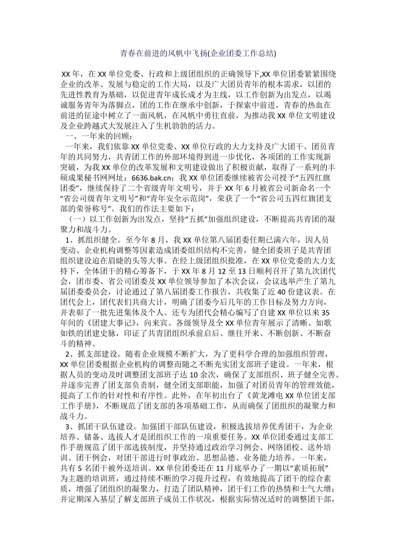 青春在前进的风帆中飞扬(企业团委工作总结).docx_第1页