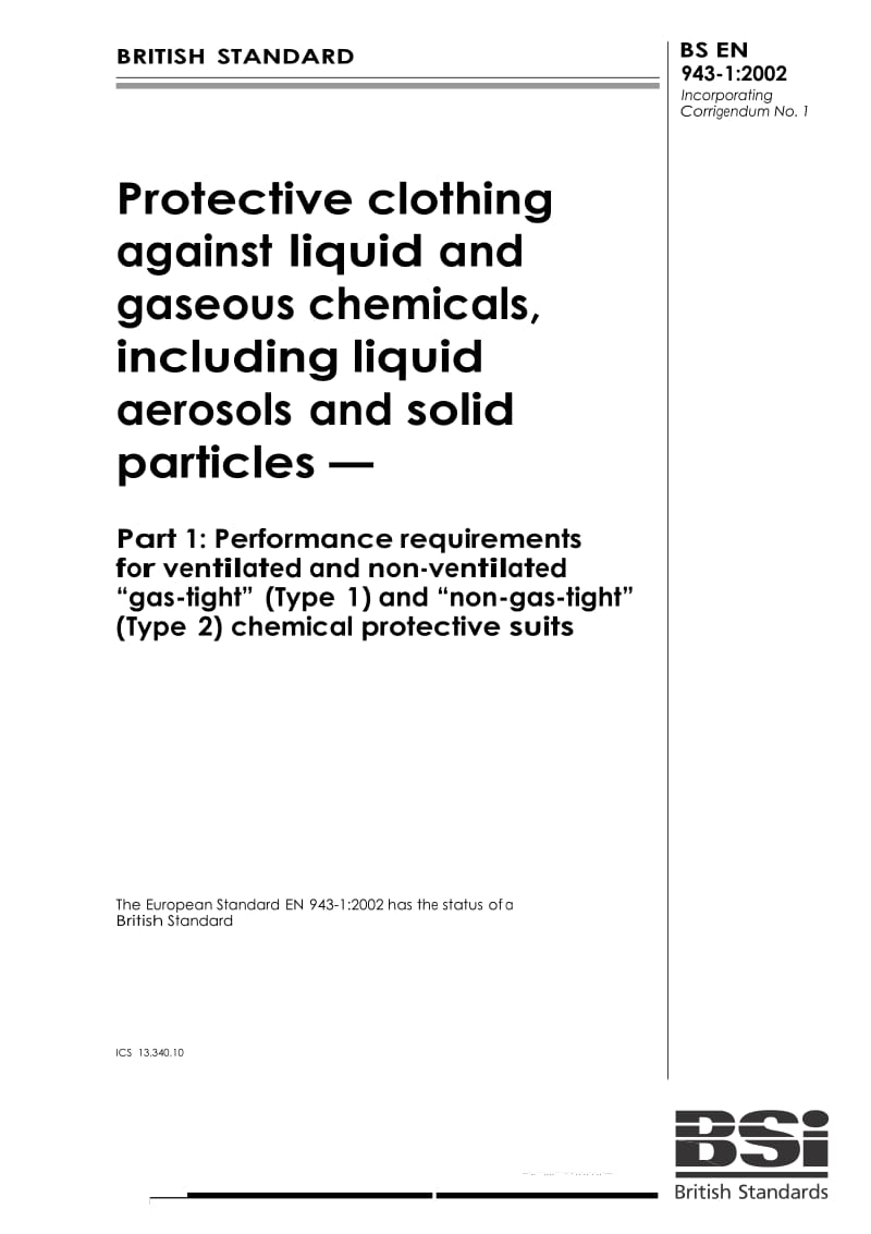 【BS英国标准】BS EN 943-1-2002 Protective clothing against liquid and gaseous chemicals, including liquid aerosols and solid particles — Part 1.doc_第1页