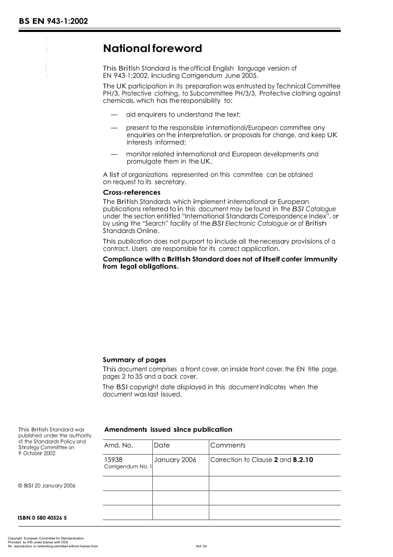 【BS英国标准】BS EN 943-1-2002 Protective clothing against liquid and gaseous chemicals, including liquid aerosols and solid particles — Part 1.doc_第2页