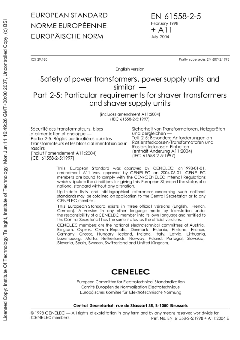 【BS英国标准】BS EN 61558-2-5-1998 Safety of power transformers, power supply units and similar — Part 2-5 Particular requirements for shaver transformers and shaver supply units.doc_第3页