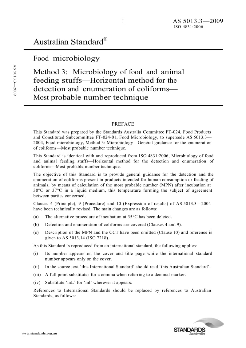 【AS澳大利亚标准】AS 5013.3-2009 Food microbiology Method 3 Microbiology of food and animal feeding stuffs—Horizontal method for the detection and enumeration of coliforms— Most probable number technique.doc_第1页