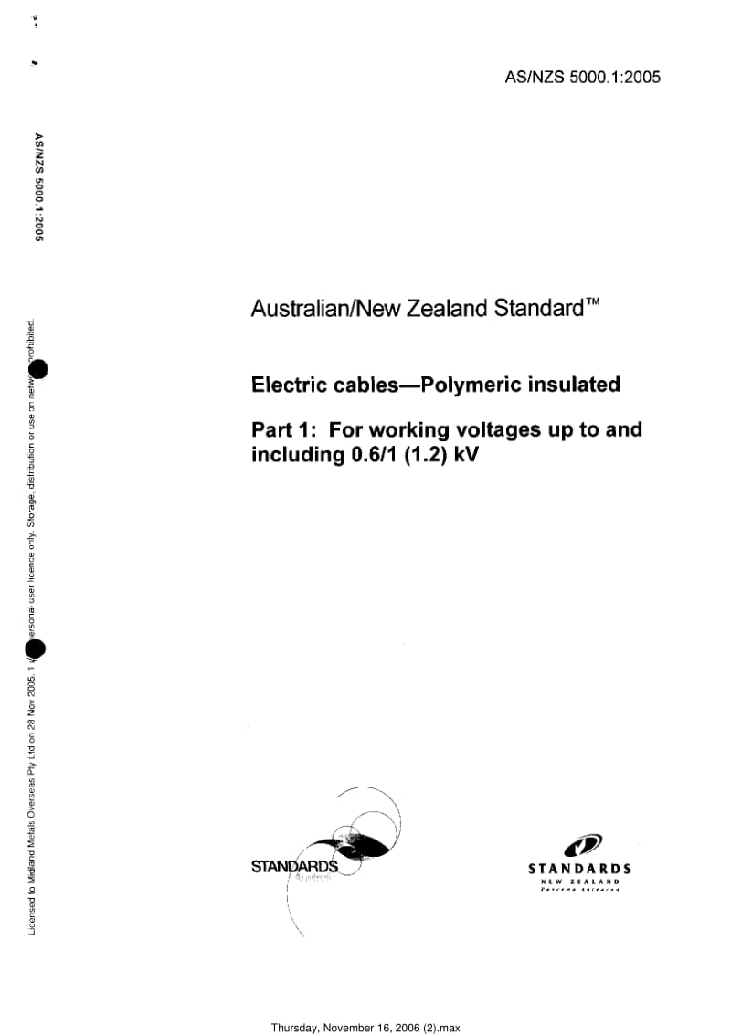 AS 5000-1-2005 Electric cables - Polymeric insulated - Part 1 For working voltages up to and including 0.61 (1.2)kV.pdf_第1页