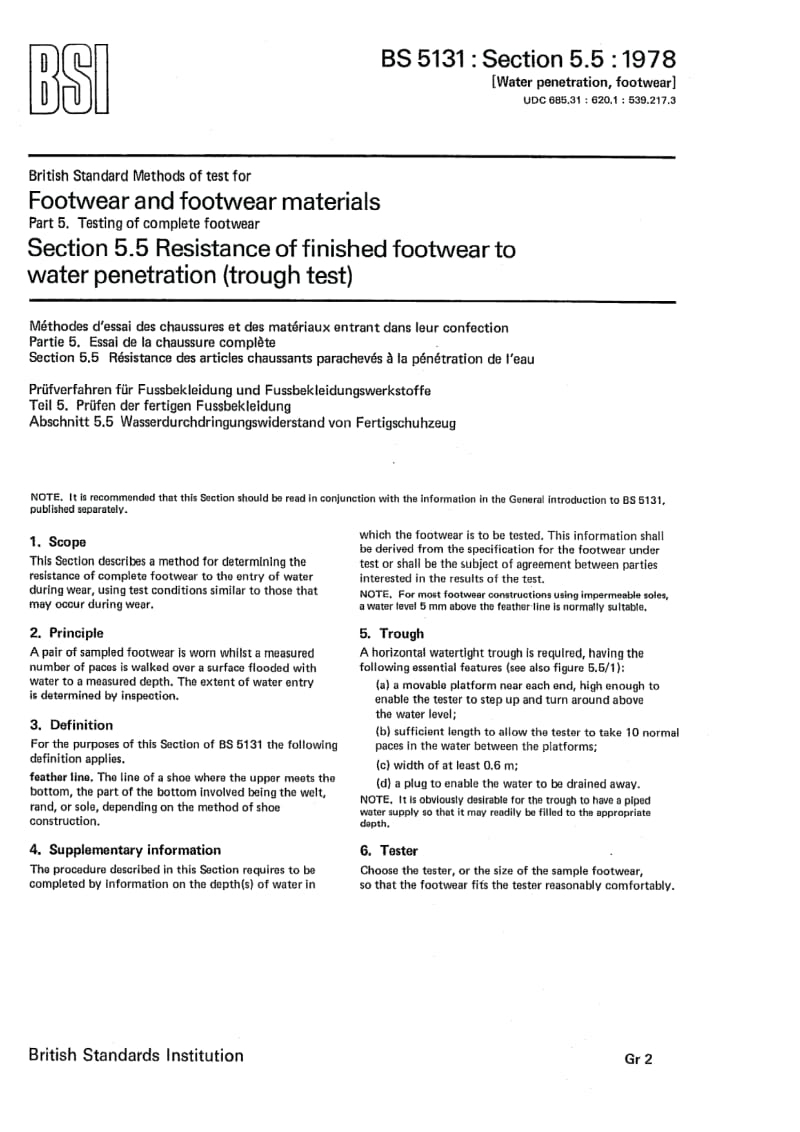 BS 5131-5.5-1978 鞋子和鞋料的试验方法.第5部分成品鞋靴试验.第5节成品鞋的耐水渗透性水糟试验.pdf_第1页