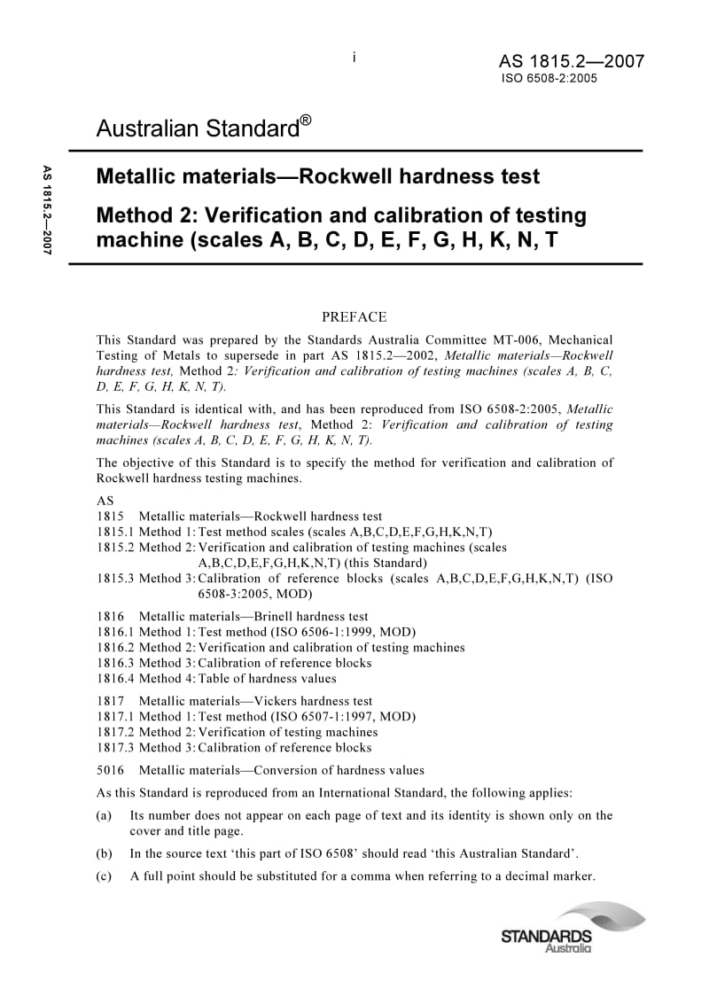 AS 1815-2-2007 Metallic materials-Rockwell hardness test Method 2 Verification and calibration of testing machine (scales A,B,C,D,E,F,G,H,K,N,T.pdf_第1页