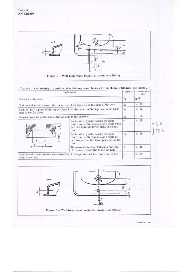 BS EN 32-1999 Wall-hung wash basins. Connecting dimensions.pdf_第2页