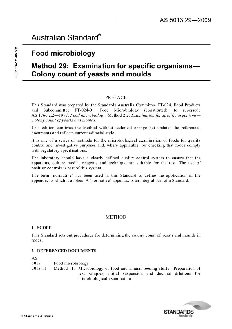 AS 5013-29-2009 Food microbiology Method 29 Examination for specific organisms— Colony count of yeasts and moulds.pdf_第1页