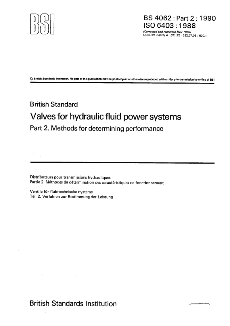 BS 4062-2-1990 液压动力系统阀门.第2部分性能测定方法.pdf_第1页