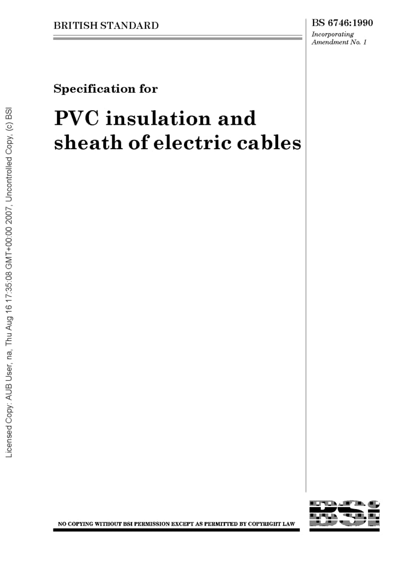 BS 6746-1990 Specification for PVC insulation and sheath of electric cables1.pdf_第1页