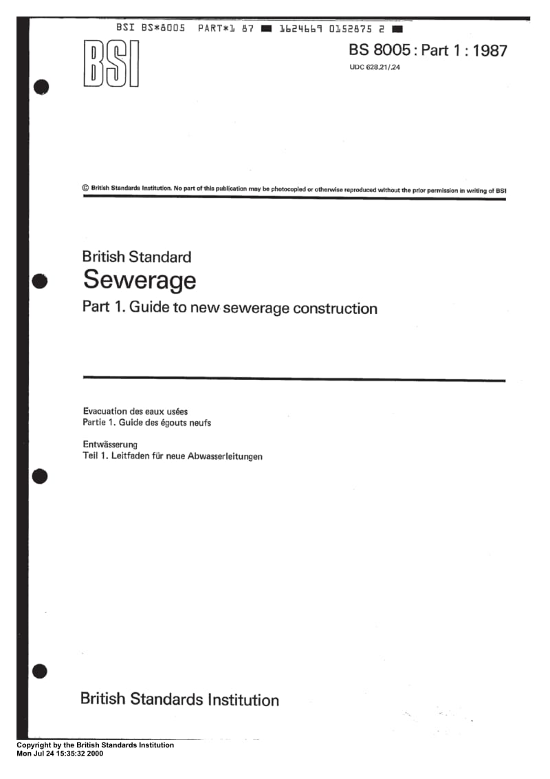 BS 8005-1-1987 Code of practice for Pipelines Part 2 Pipelines on land design, construction and installation — Section 2.5 Glass reinforced thermosetting plastics.pdf_第1页