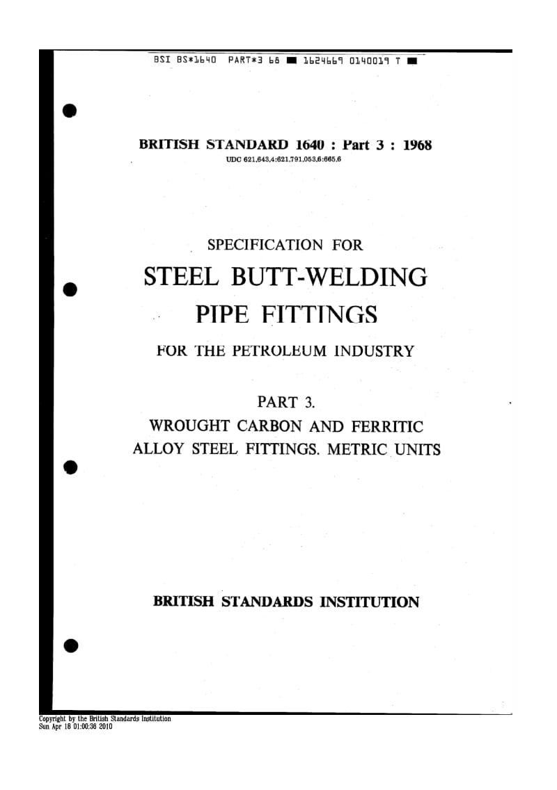 BS 1640-3-1968 石油工业用钢质对接焊管配件规范.锻制碳钢与铁素体合金钢配件米制件.pdf_第1页