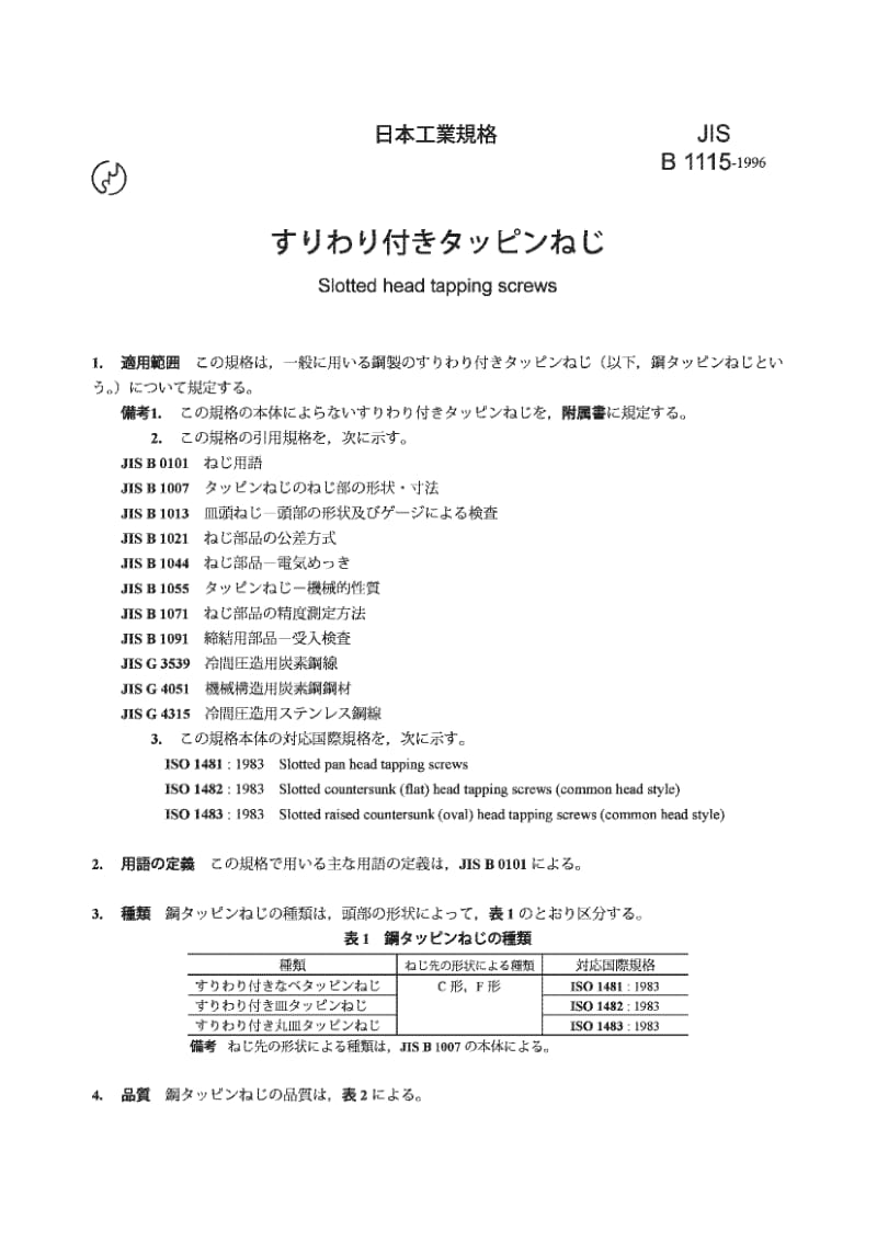 JIS B1115-1996 槽头攻丝螺钉.pdf_第1页