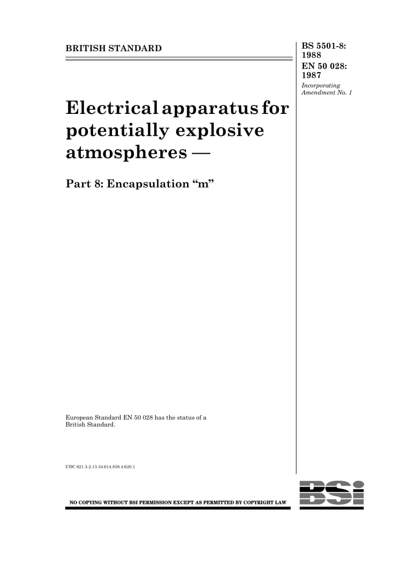 BS 5501-8-1988 潜在爆炸危险环境用电器.第8部分密封m2.pdf_第1页