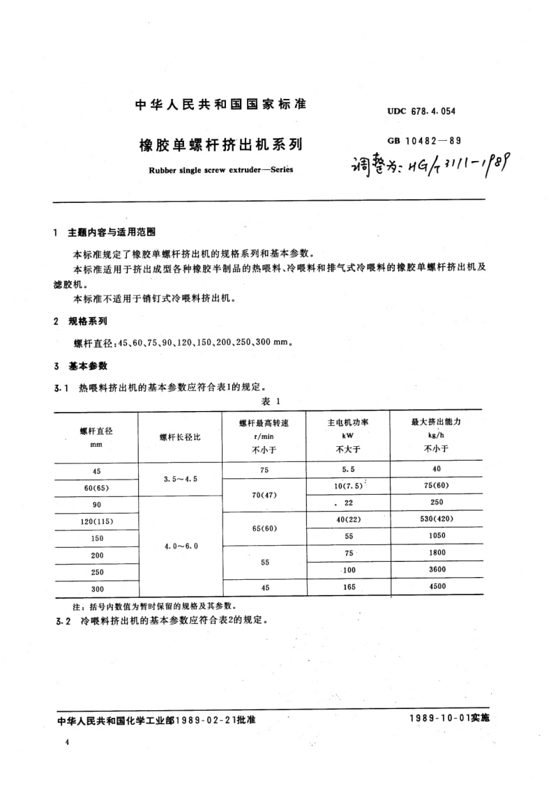 56626橡胶单螺杆挤出机系列 标准 HG T 3111-1989.pdf_第1页