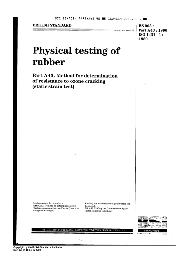 BS 903-A43-1990 Physical testing of rubber. Method for determination of resistance to ozone cracking.pdf_第1页