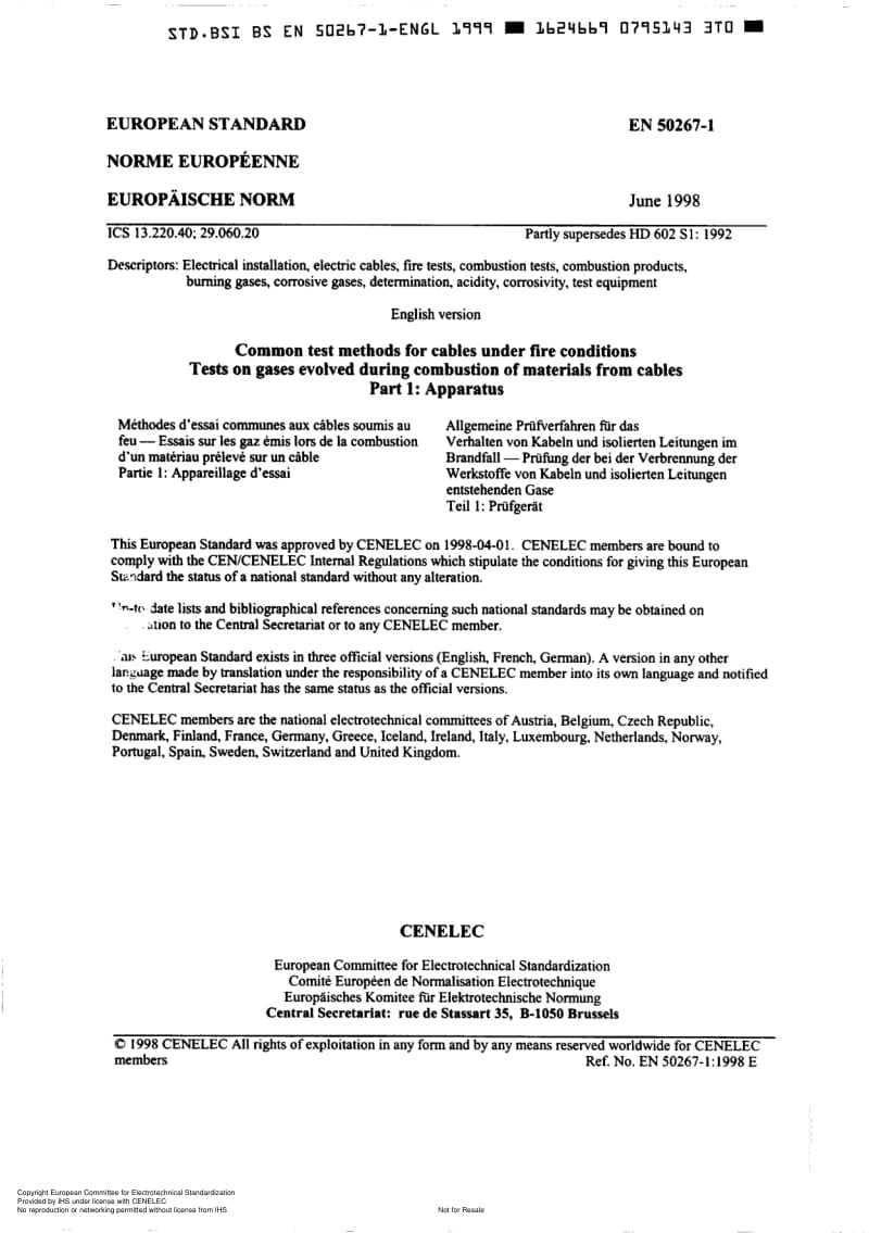 BS EN 50267-1-1998 在着火条件下电缆的一般测试方法　电缆材料燃烧过程中放出气体的试验　第1部分：装置1.pdf_第3页