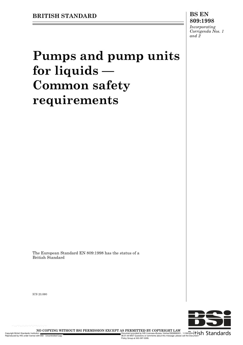 BS EN 809-1998 pumps and pump units for liquids-common safety requiremnts.pdf_第1页