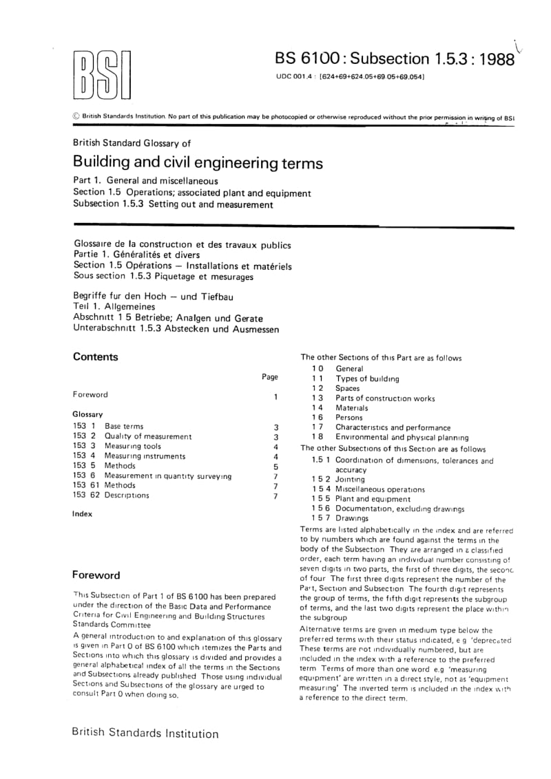 BS 6100-1.5.3-1988 Glossary of building and civil engineering terms. General and miscellaneous. Operations. Associated plant and equipment. Setting out and measurement.pdf_第1页