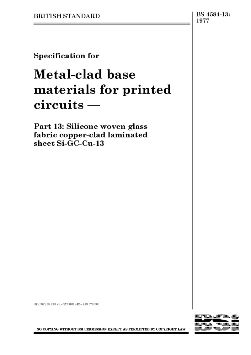 BS 4584-13-1977 Metal-clad base materials for printed circuits.pdf_第1页