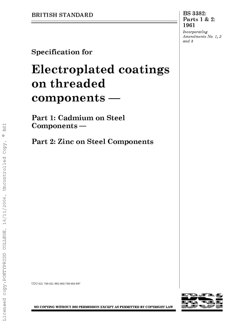 BS 3382-1961 Specification for Electroplated coatings on threaded components — Part 1 Cadmium on Steel Components — Part 2 Zinc on Steel Components.pdf_第1页