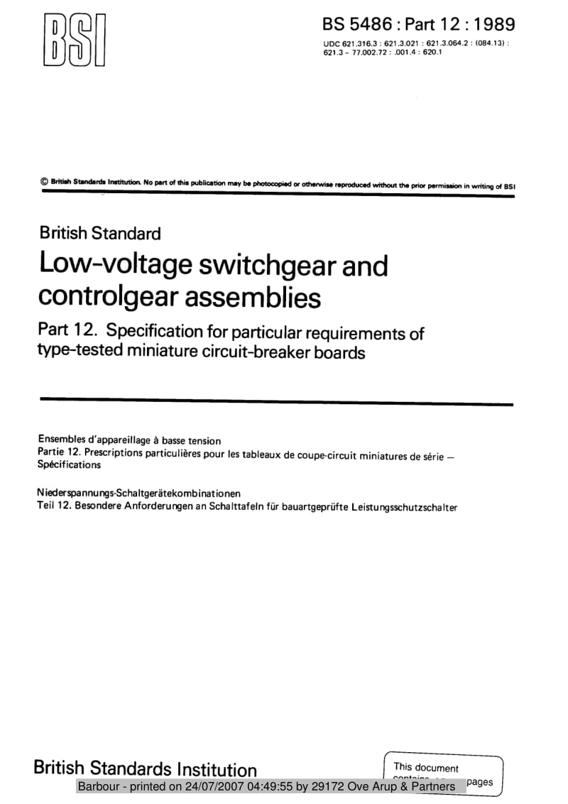 BS 5486-12-1989 Low-voltage switchgear and controlgear assemblies. Specification for particular requirements of type-tested miniature circuit-breaker boards.pdf_第1页