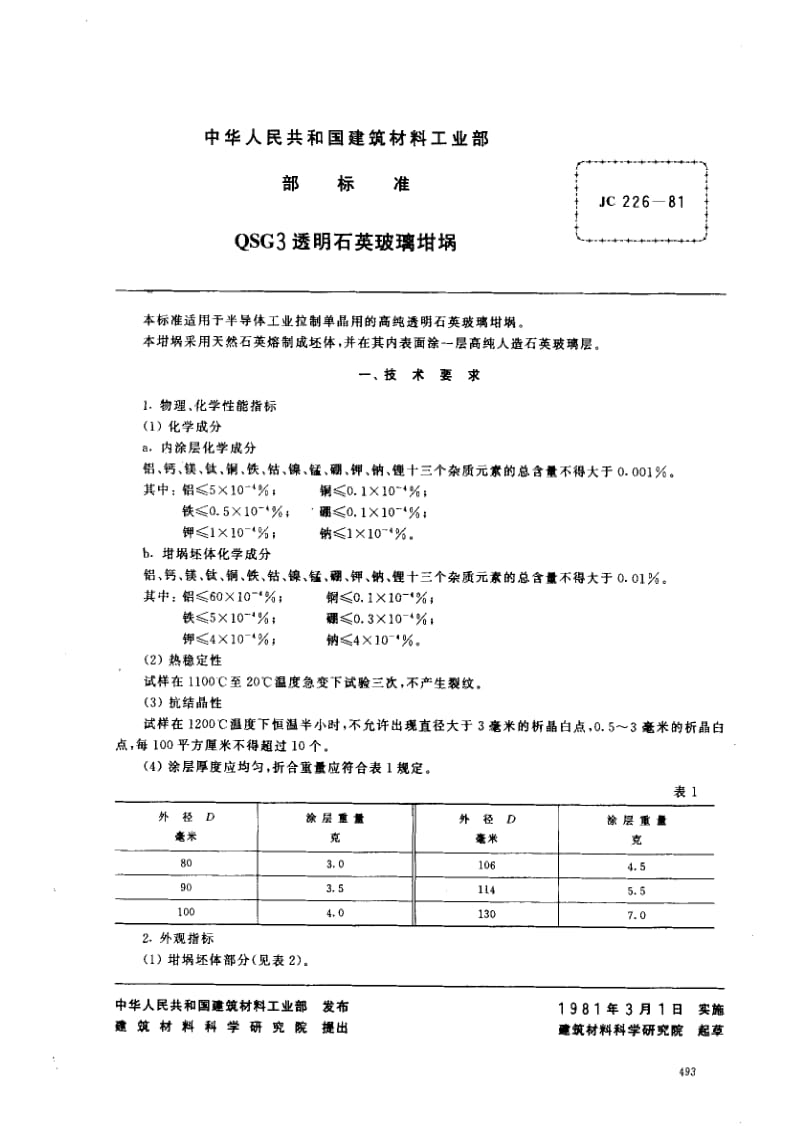 JC建筑材料标准-JC 226-81 QSG3透明石英玻璃钳锅.pdf_第1页