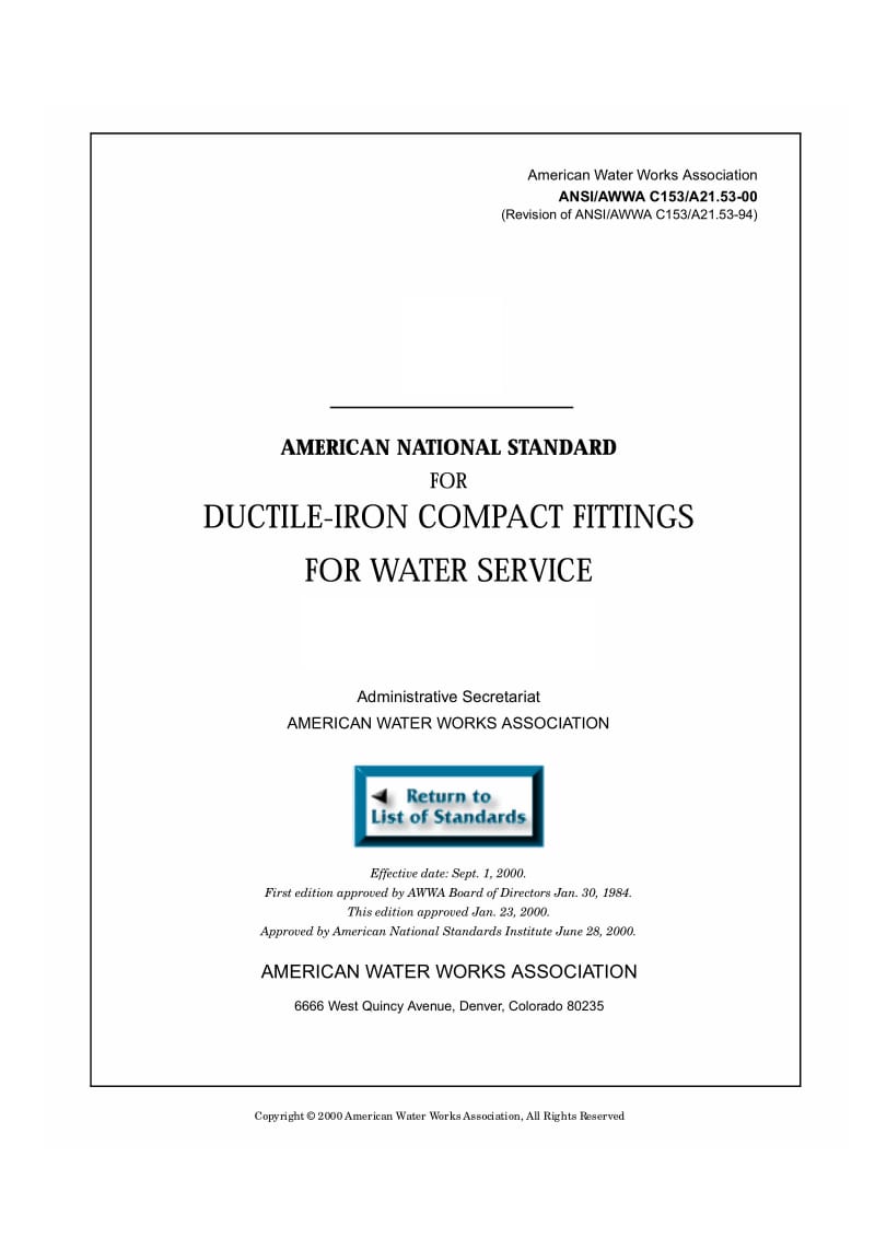 AWWA C153-2000 Ductile-iron compact fittings for water service.pdf_第1页