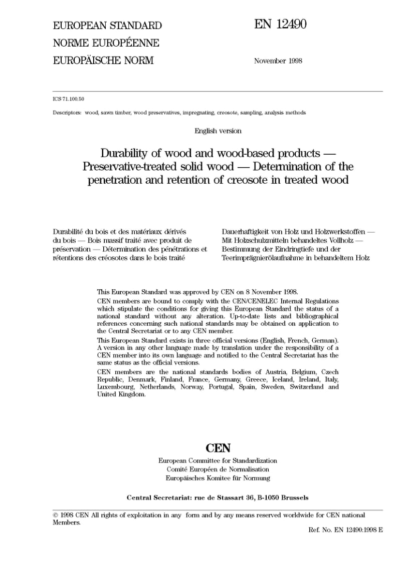 BS EN 12490-1999 Durability of wood and wood-based products D Preservative-treated solid wood D Determination of the penetration and retention of creosote in treated wood.pdf_第3页