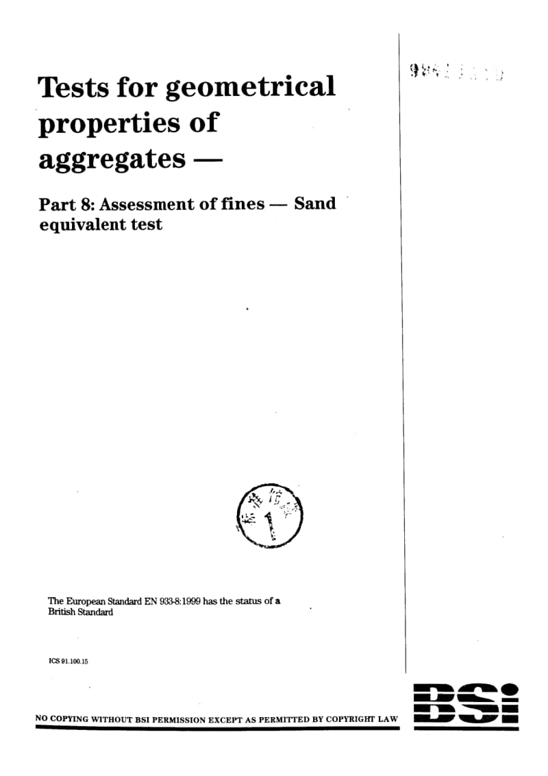 BS EN 933-8-1999 集料几何特性的试验.细集料的评定.含沙当量试验.pdf_第1页