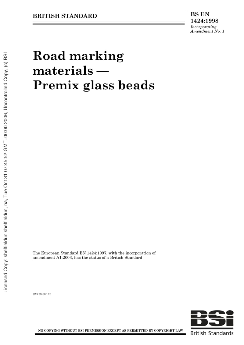 BS EN 1424-1998 Road marking materials. Premix glass beads.pdf_第1页