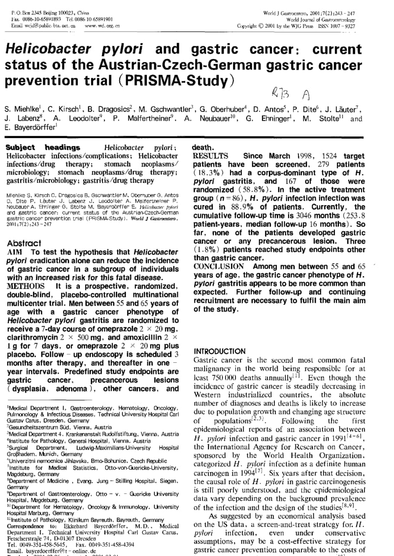 HELICOBACTER PYLORI AND GASTRIC CANCER CURRENT STATUS OF THE AUSTRIANCZECHGERMAN GASTRIC CANCER PREVENTION TRIAL PRISMASTUDY.pdf_第1页