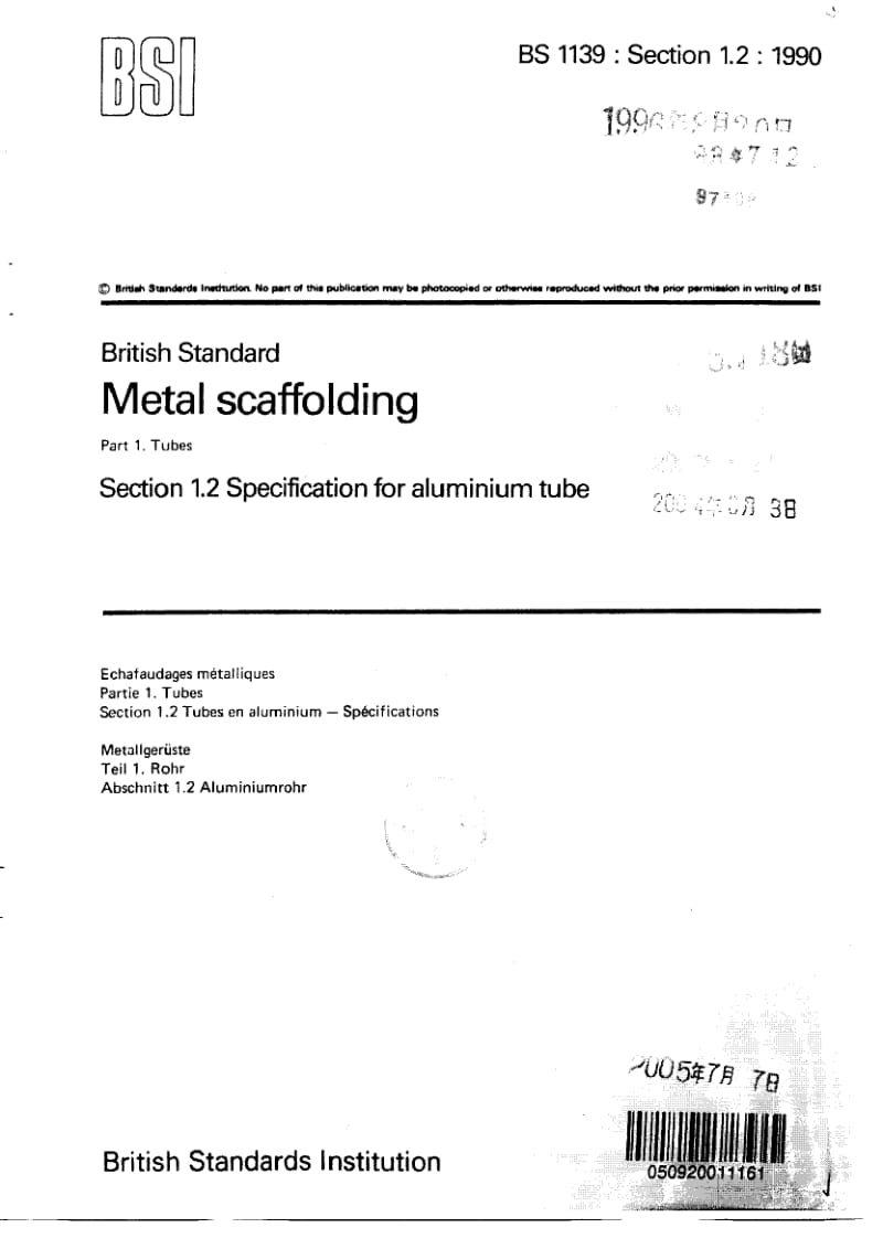 BS 1139-1.2-1990 Metal scaffolding. Tubes. Specification for aluminium tube.pdf_第1页