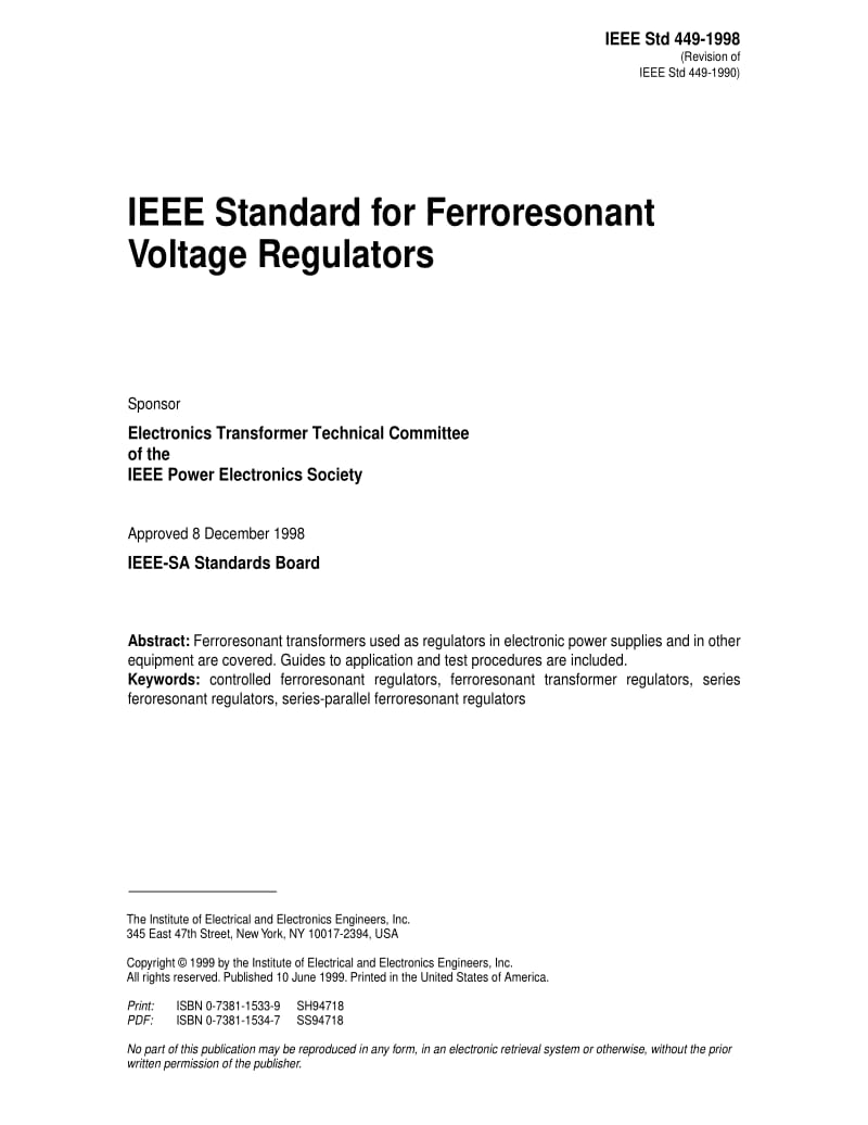 IEEE Std 449-1998 IEEE standard for ferroresonant voltage regulators.pdf_第1页