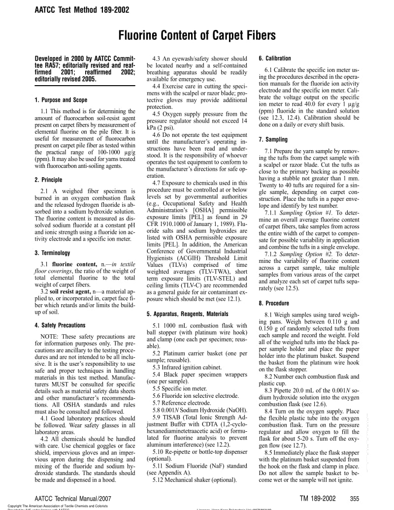 AATCC 189-2002 地毯纤维的含氟量1.pdf_第1页