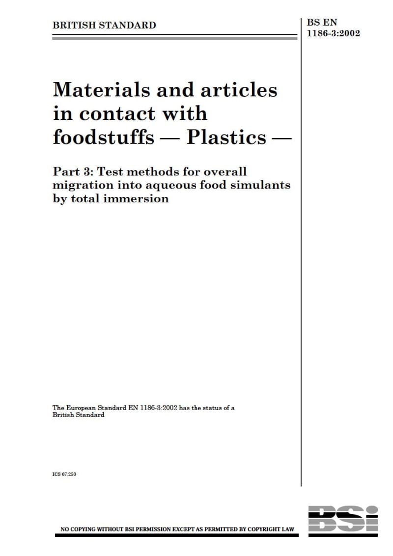 BS EN 1186-3-2002 Materials and articles in contact with foodstuffs — Plastics — Part 3 Test methods for overall migration into aqueous1.pdf_第1页