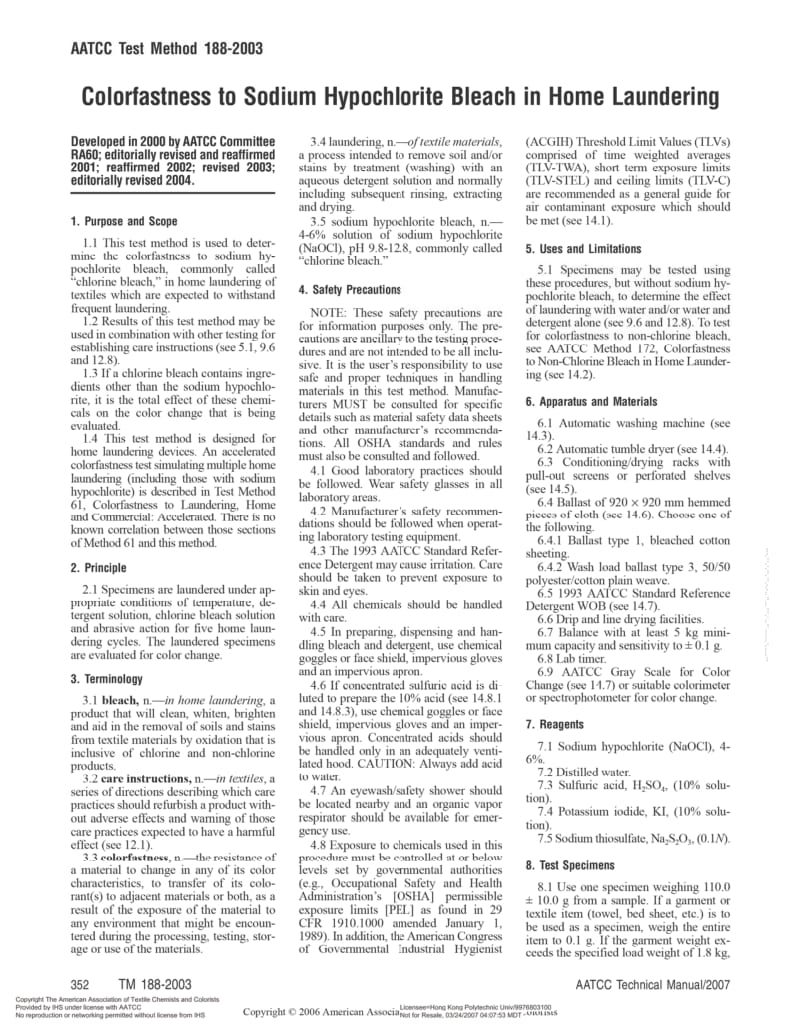 AATCC 188-2003 耐次氯酸钠家庭漂白洗涤色牢度.pdf_第1页