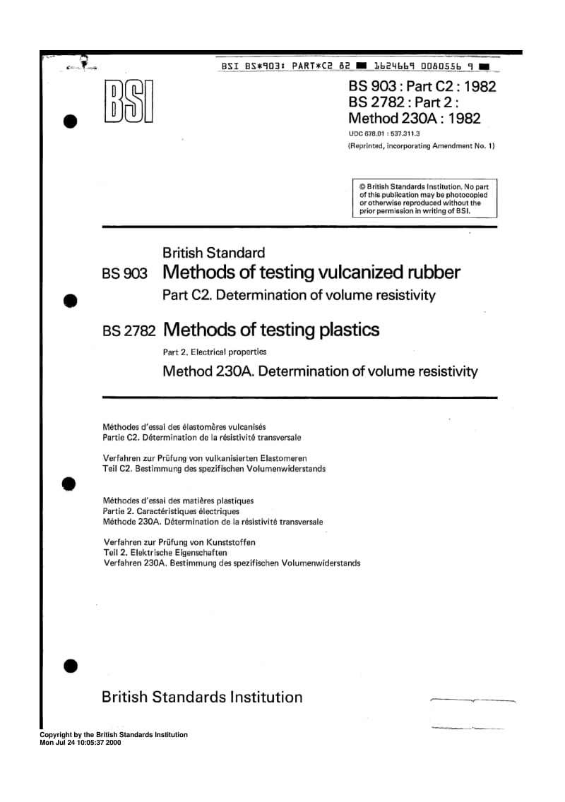 BS 903-C2-1982 橡胶的物理试验.体积电阻系数的测定.pdf_第1页