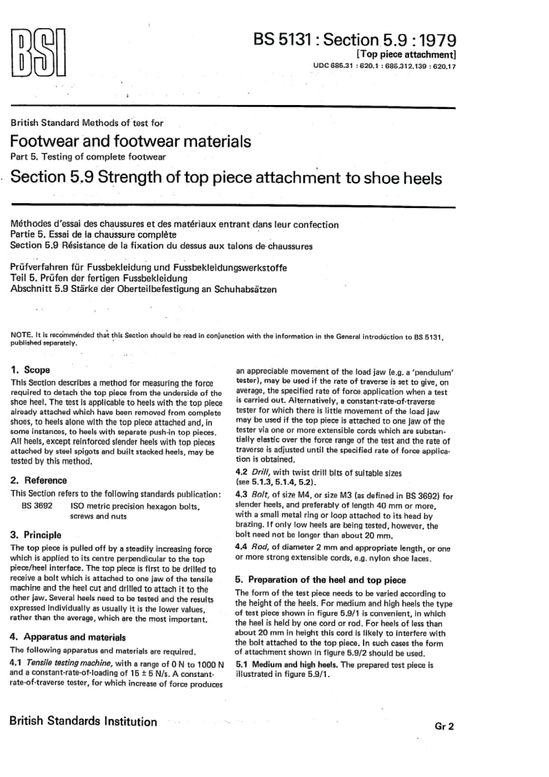 BS 5131-5.9-1979 鞋靴和鞋靴材料试验方法.第5部分成品鞋靴试验.第9节鞋后跟掌面强度.pdf_第1页