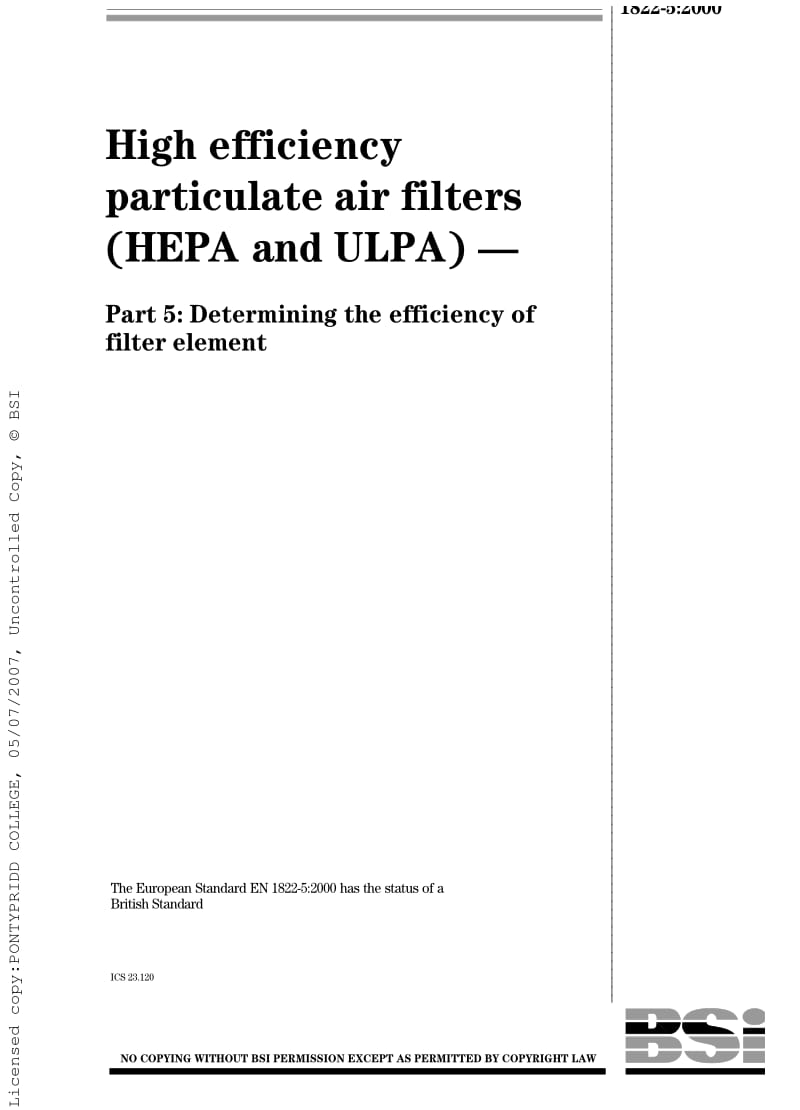 BS EN 1822-5-2000 High efficiency air filters (HEPA and ULPA). Determining the efficiency of filter element.pdf_第1页