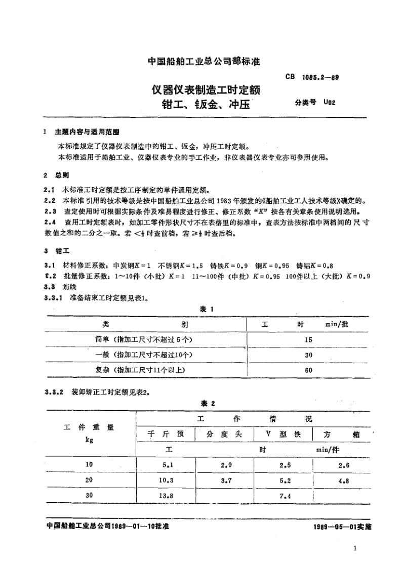 65194仪器仪表制造工时定额 钳工、钣金、冲压 标准 CB 1085.2-1989.pdf_第3页