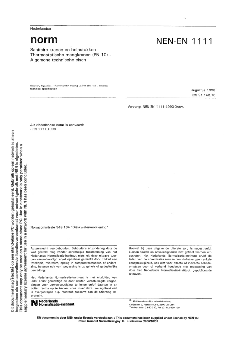 EN 1111-1998 卫生设备管件.恒温混合阀(PN 10).一般技术规范.pdf_第1页