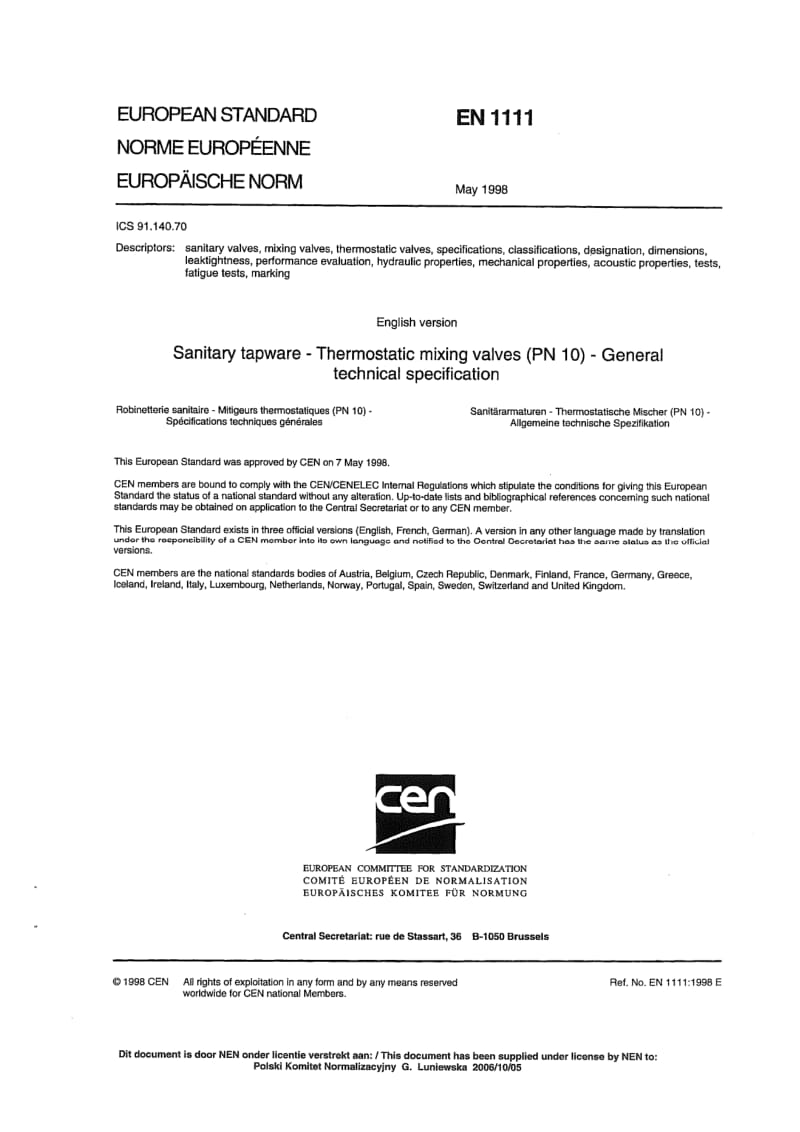 EN 1111-1998 卫生设备管件.恒温混合阀(PN 10).一般技术规范.pdf_第3页