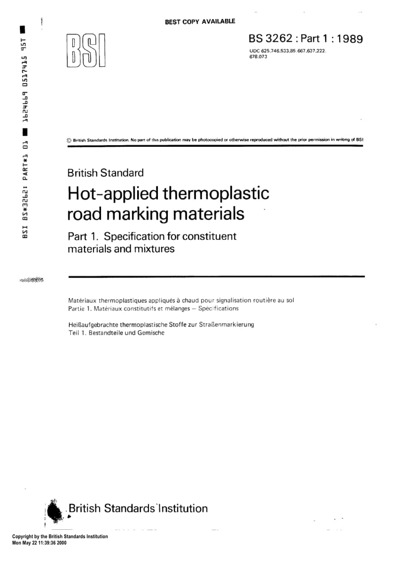 BS 3262-1-1989 Hot-applied thermoplastic road marking materials part 1 Specification for constituent materials and mixtures.pdf_第1页