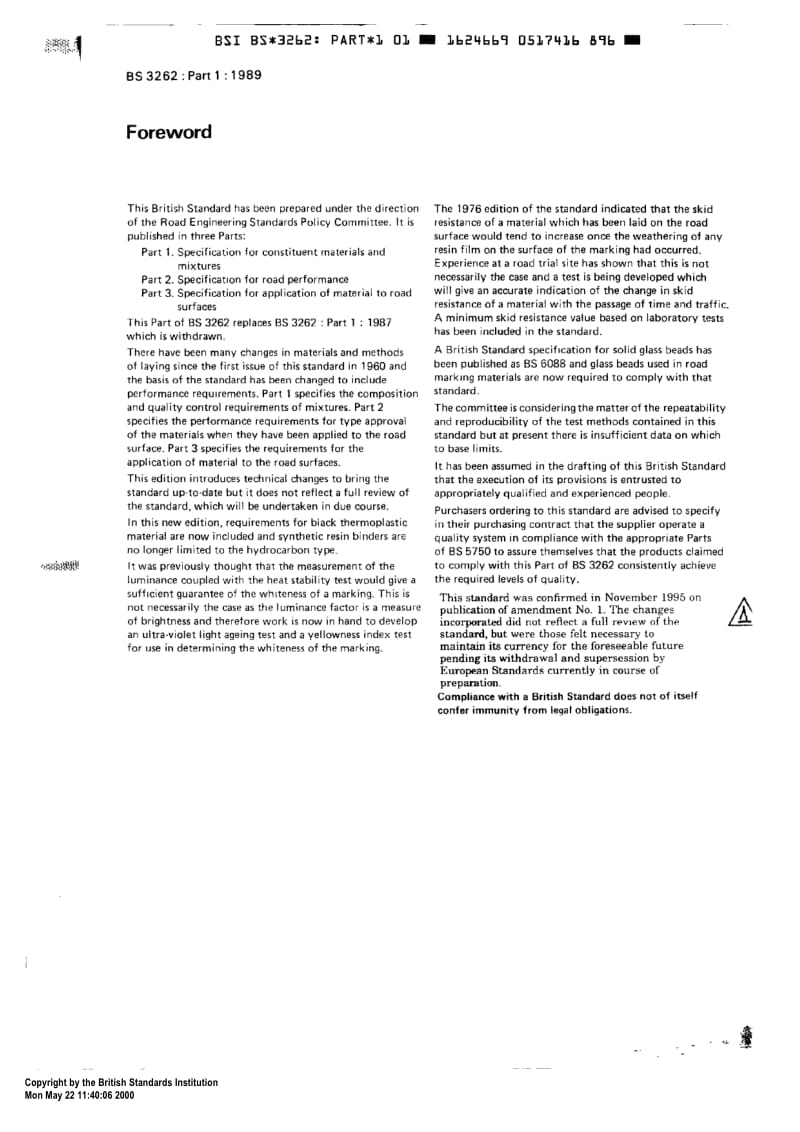 BS 3262-1-1989 Hot-applied thermoplastic road marking materials part 1 Specification for constituent materials and mixtures.pdf_第2页