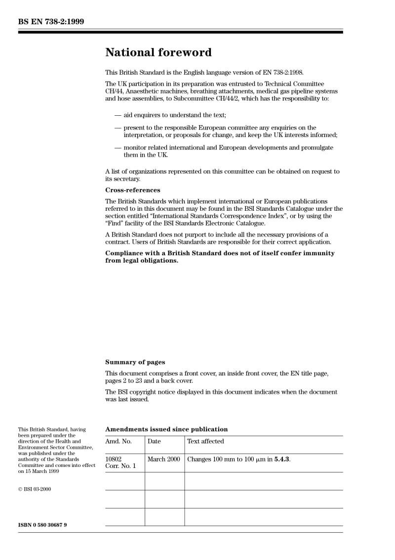 BS EN 738-2-1999 Pressure regulators for use with medical gases Part 2 Manifold and line pressure regulators.pdf_第2页