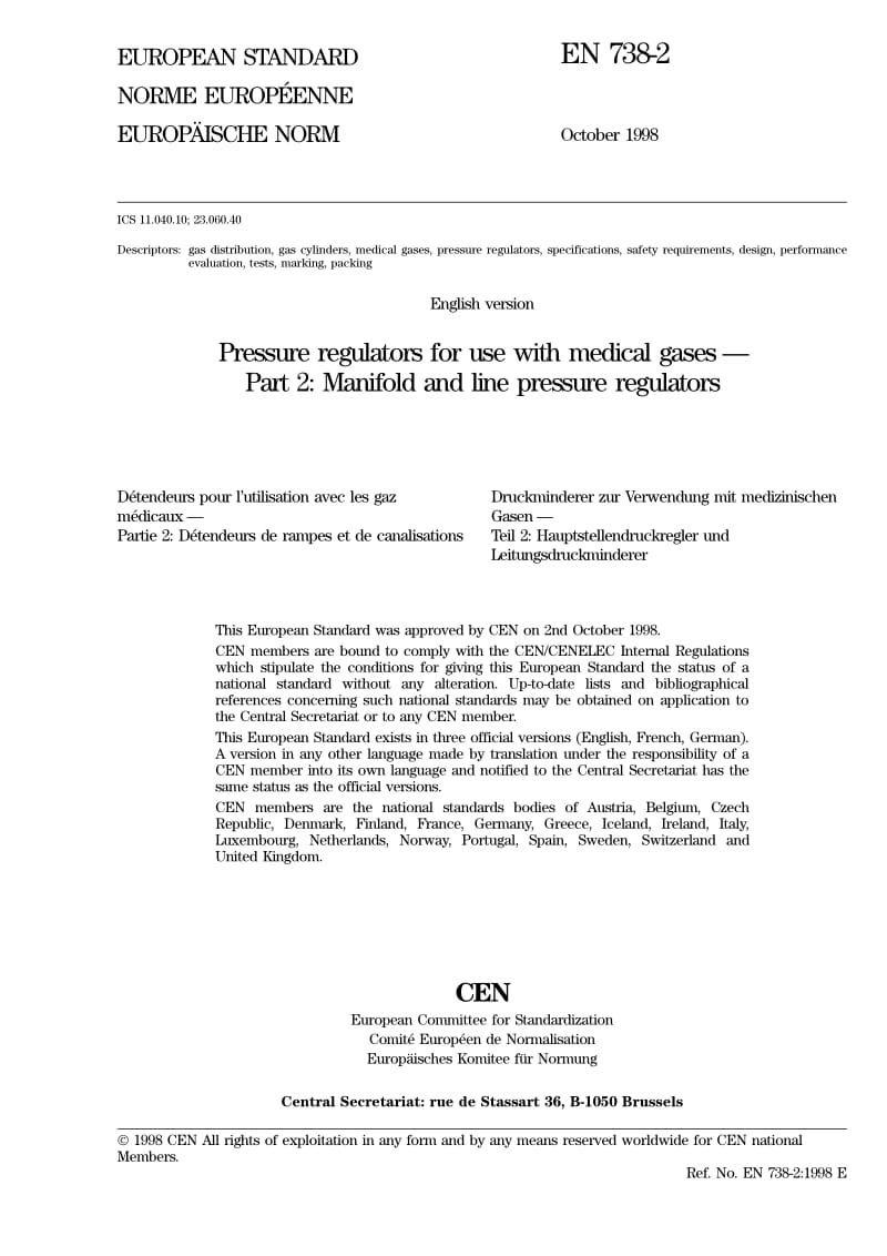 BS EN 738-2-1999 Pressure regulators for use with medical gases Part 2 Manifold and line pressure regulators.pdf_第3页