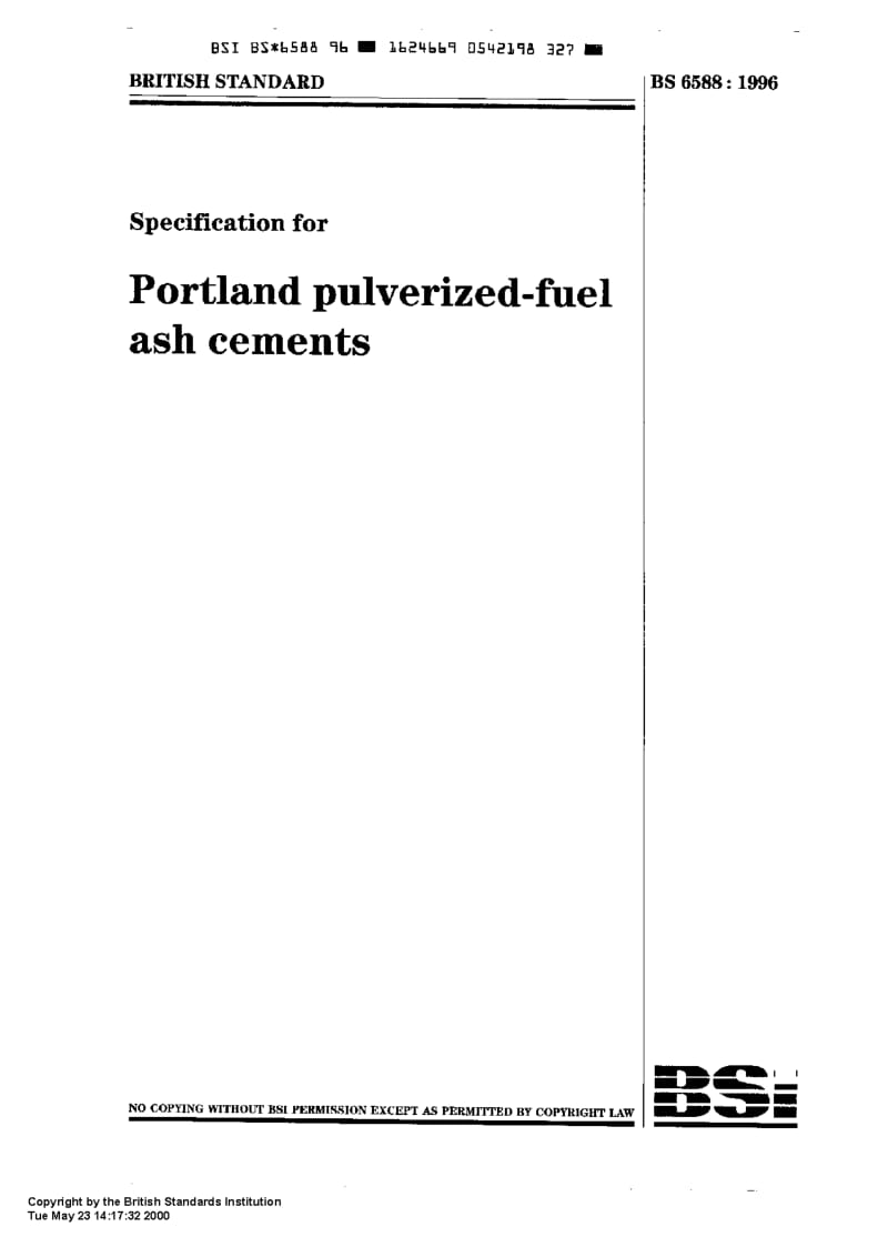 BS 6588-1996 Specification for Portland pulverized-fuel ash cements.pdf_第1页